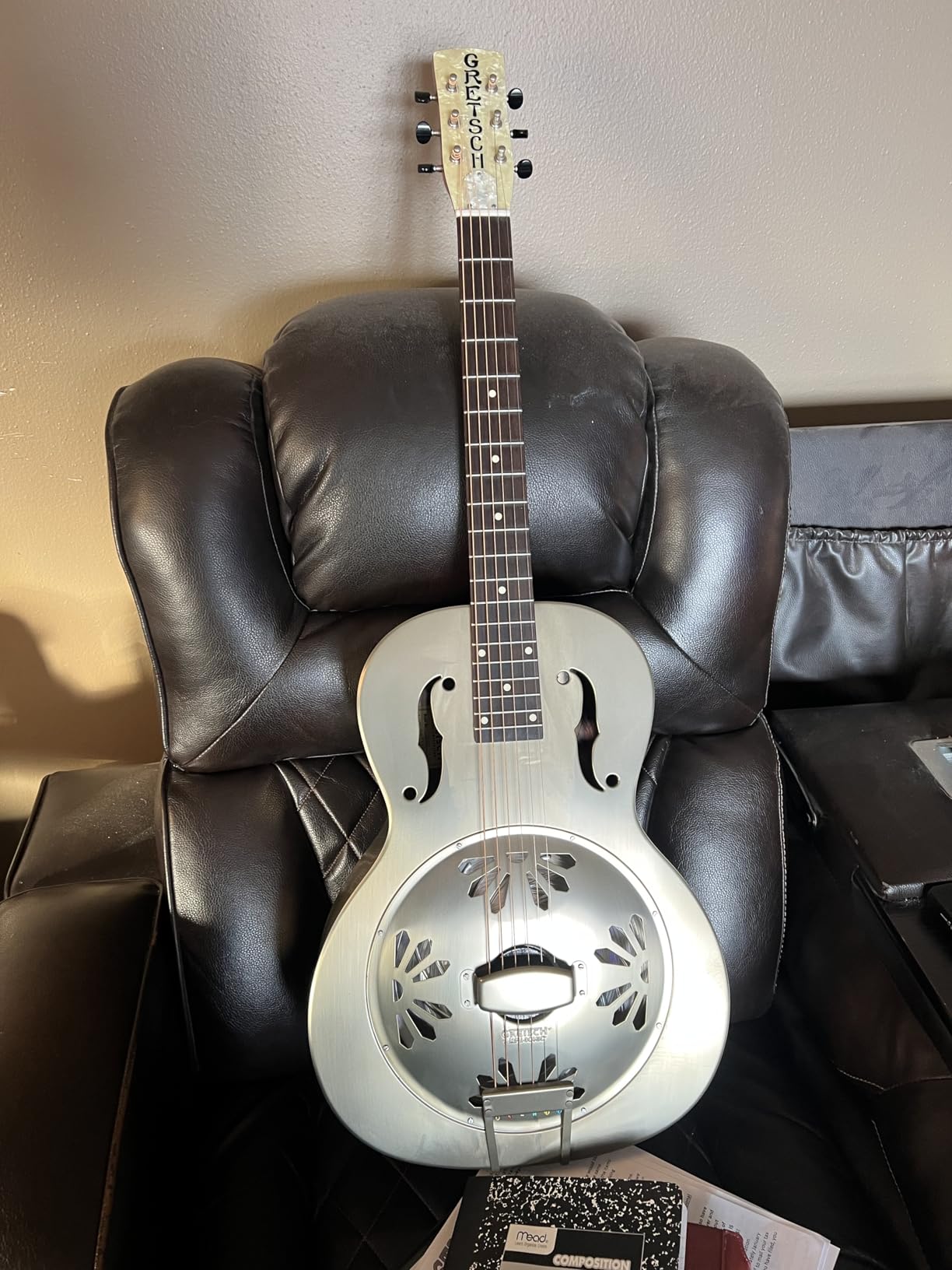 Gretsch G9201 Honey Dipper Round-Neck Metal Resonator - Brass Body, Padauk Fingerboard | Bell Brass Body, Gretsch Ampli-Sonic Biscuit Cone, 25 Scale, Grover Tuners, Weathered Finish customer photo 1