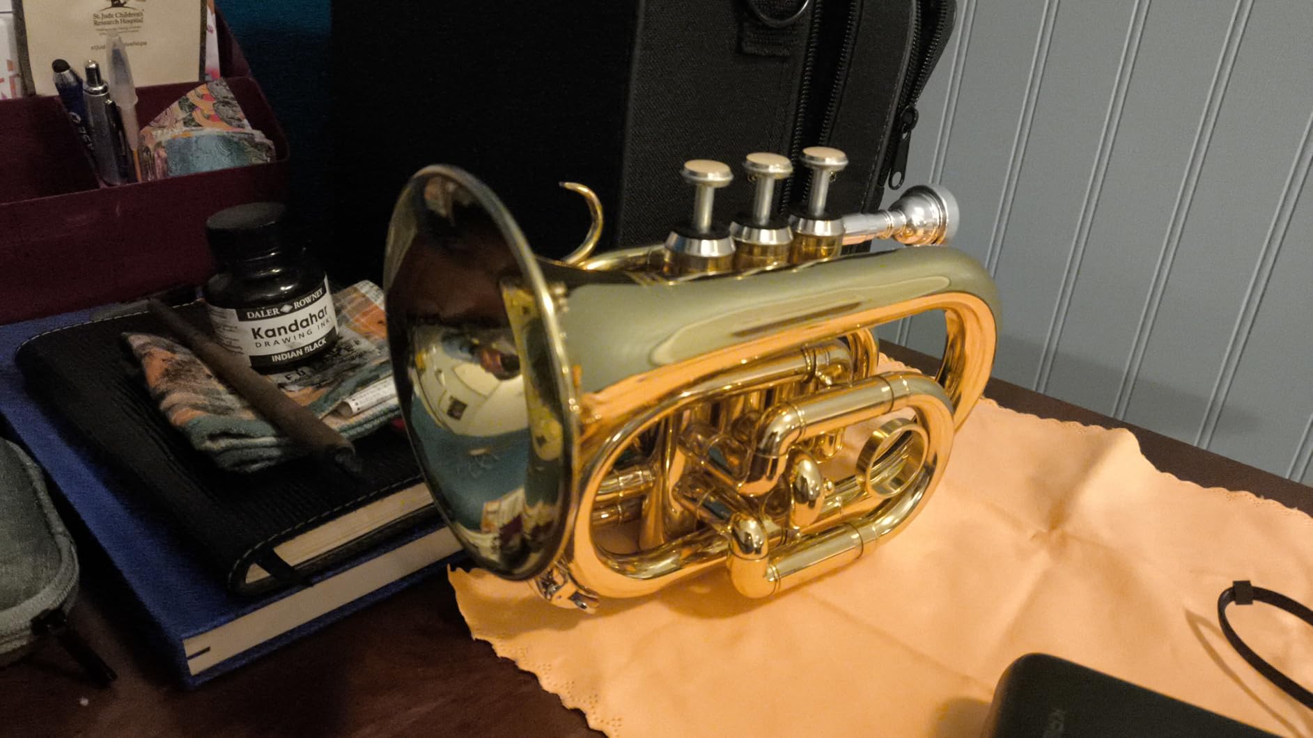 Eastar Pocket Trumpet B Flat for Beginners Students, Brass Trumpet Mouthpiece 7C, Cleaning Kit, Hard Case, Gloves, ETR-330N, Nickel customer photo 2