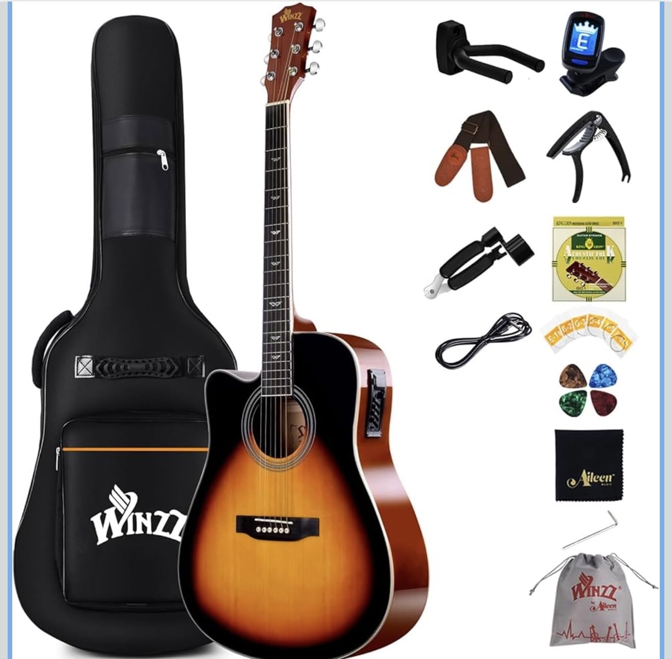 Winzz 4/4 Electro Acoustic Guitar, Left-Handed Western Guitar Set, Adult Beginners, Acoustic Guitar 41 Inch with 4-Band Equaliser (Dreadnought, Glossy Sunburst) customer photo 1