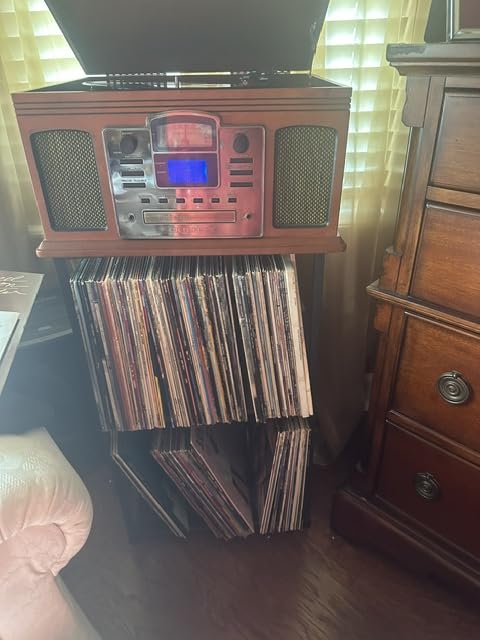 LOAKEKEL Record Player Stand, Vinyl Record Storage Up to 200 Albums, 3 Tier End Table with Removable Dividers, Tall Side Table for Living Room, Bedroom, Rustic Brown, HETCD010BR-1 customer photo 2