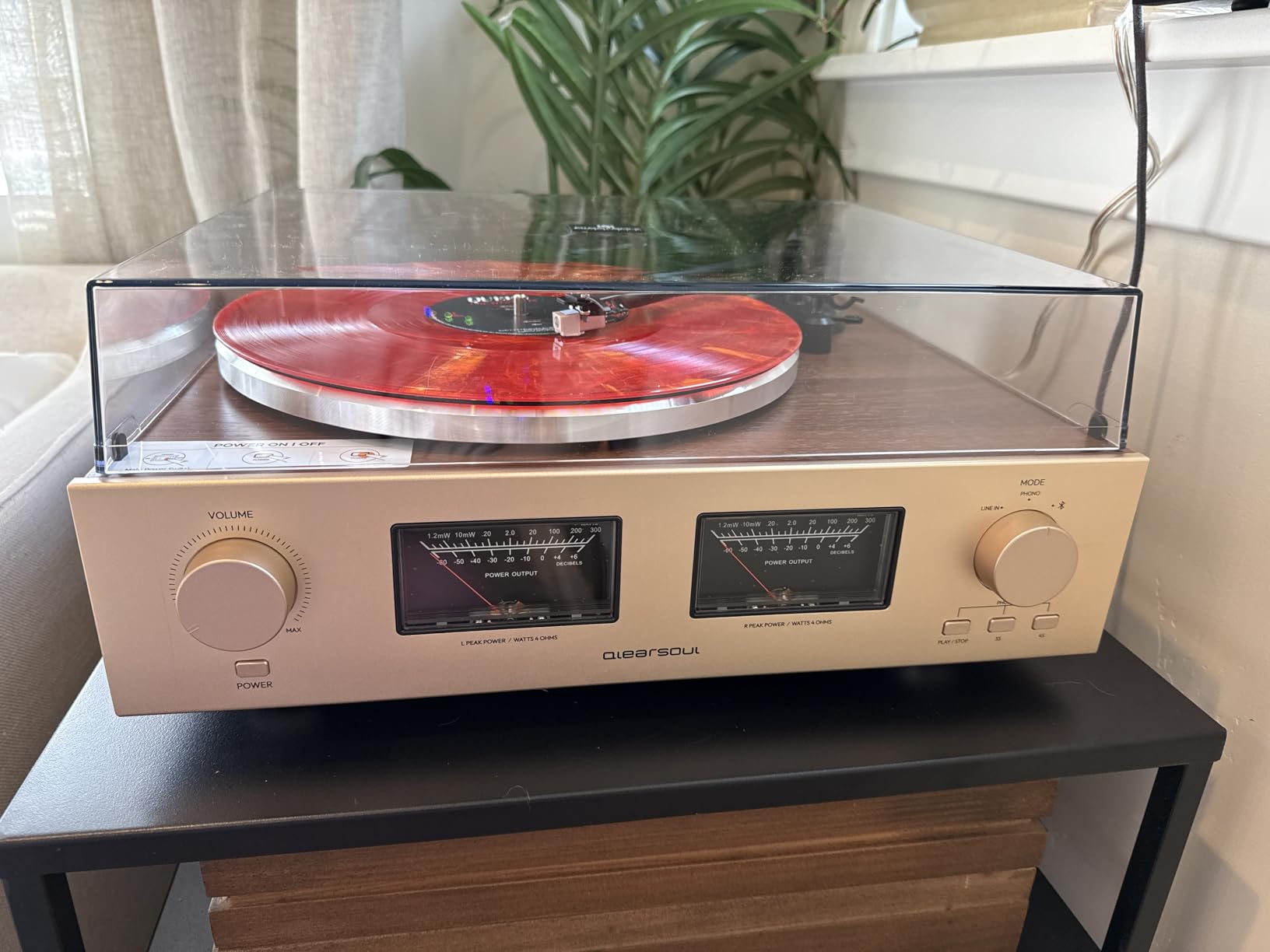 QLEARSOUL HiFire X Vinyl Record Player | Audiophile HiFi Turntable System with 100W Bookshelf Speakers, VU Meter, DSP Preamp, Support 33/45 RPM, RCA LINE in | Out customer photo 1