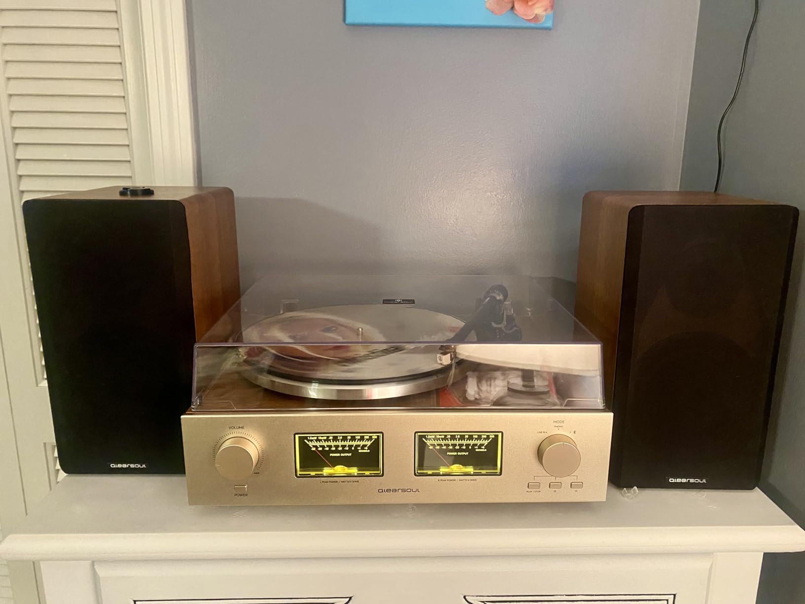 QLEARSOUL HiFire X Vinyl Record Player | Audiophile HiFi Turntable System with 100W Bookshelf Speakers, VU Meter, DSP Preamp, Support 33/45 RPM, RCA LINE in | Out customer photo 2
