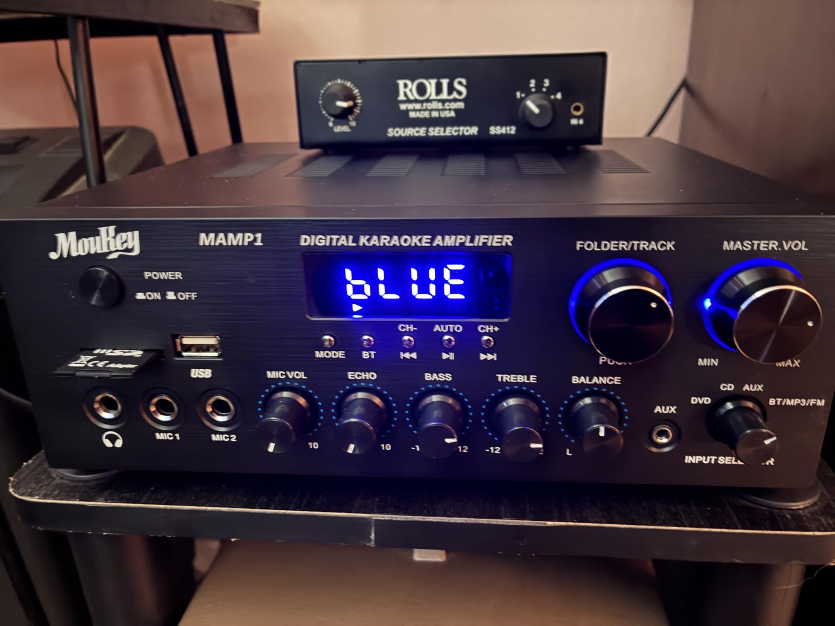 Moukey Stereo Receivers with Bluetooth 5.0, 2.0 Channel Power Audio Amplifier Stereo System w/USB, SD, AUX, RCA, MIC in w/Echo, LED for Karaoke, Home Theater Speakers, 400W Peak, 25W× 2 RMS- MAMP1 customer photo 1