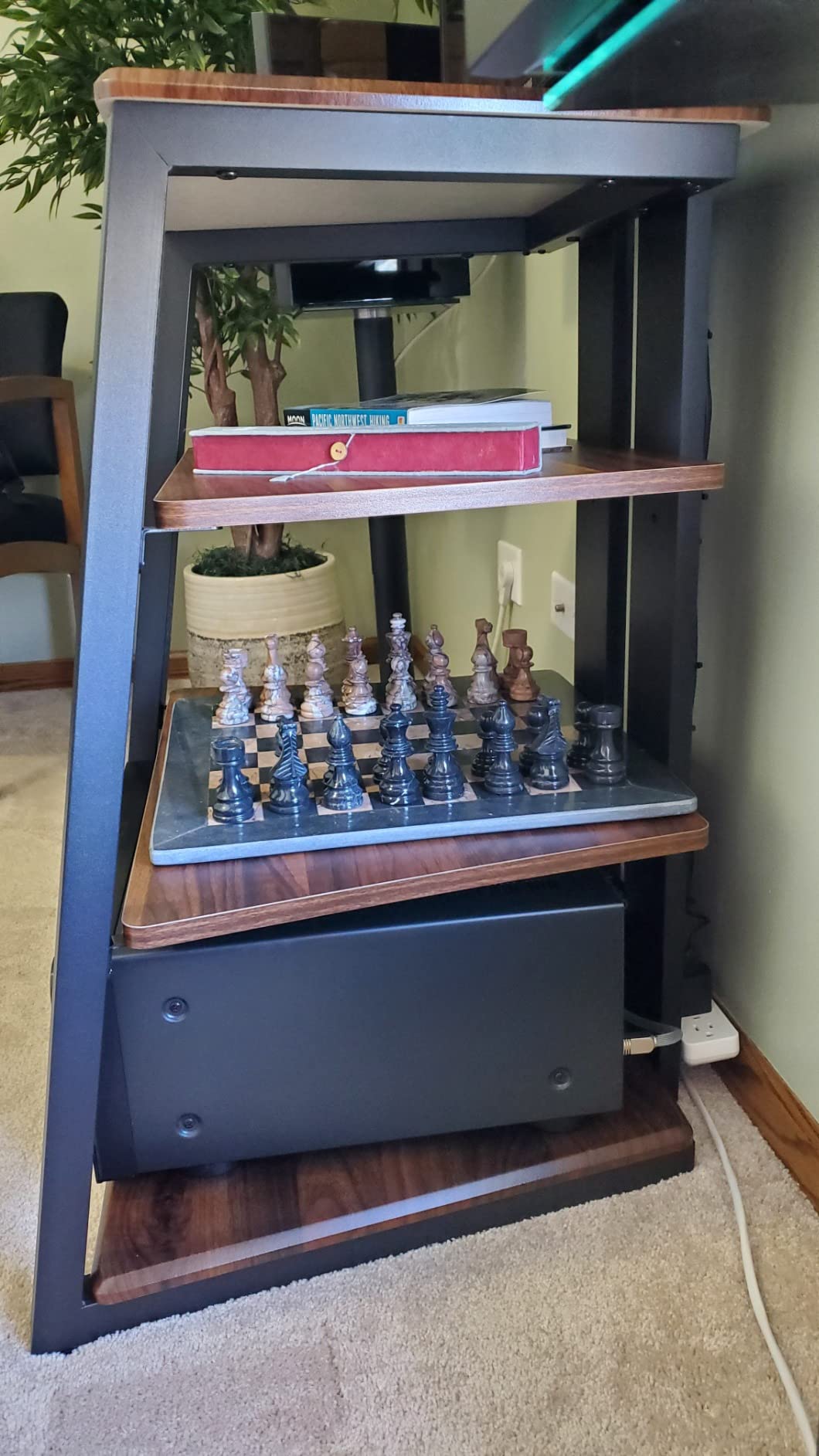 FITUEYES 4-Tier AV Media Stand Corner Shelf for Record Player Wooden Stereo Cabinet Audio Rack Tower with Height Adjustable Wooden Shelves for ps4 (Walnut) customer photo 2