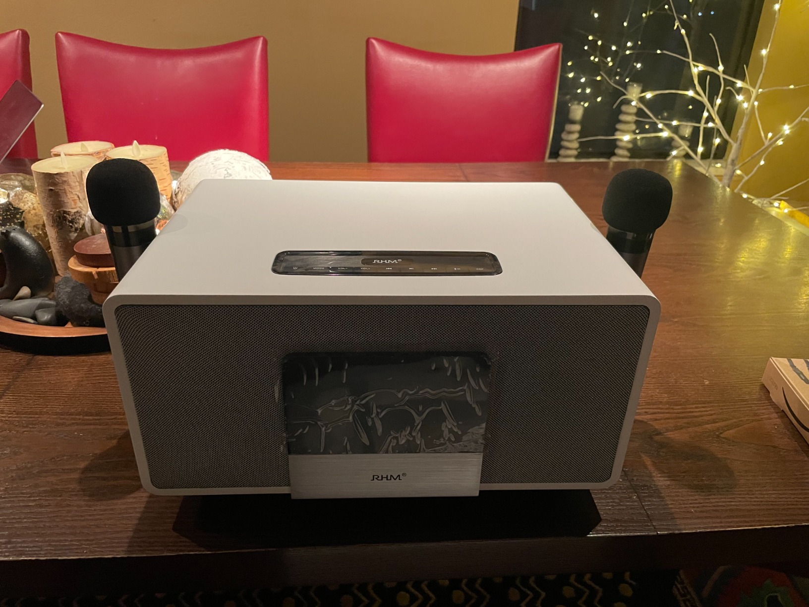 K222 Karaoke Machine, Connect to TV via Optical, with Powerful Sound, Deep Bass & 2 UHF Wireless Mics, Support Bluetooth/AUX/USB/PC, Wooden Karaoke System for Home, Singing Party, Christmas customer photo 1