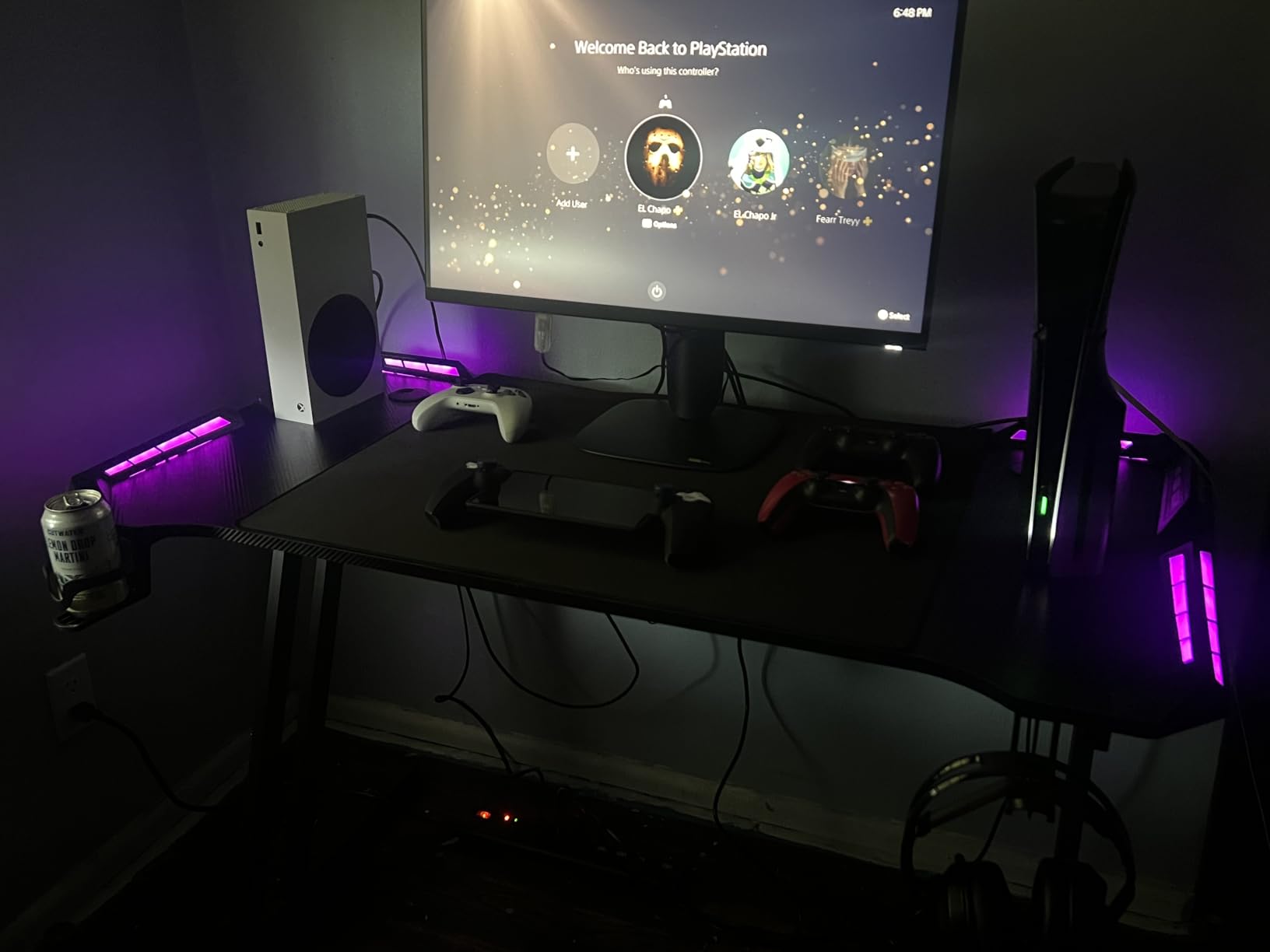 HLDIRECT 47 Inch Gaming Desk with LED Lights, Large RGB Computer Gaming Desk Table with Cup Holder Headphone Hook Mouse Pad, Ergonomic Modern Carbon Fiber Mesa Gamer Pc Work Home Office Desks, Black customer photo 1