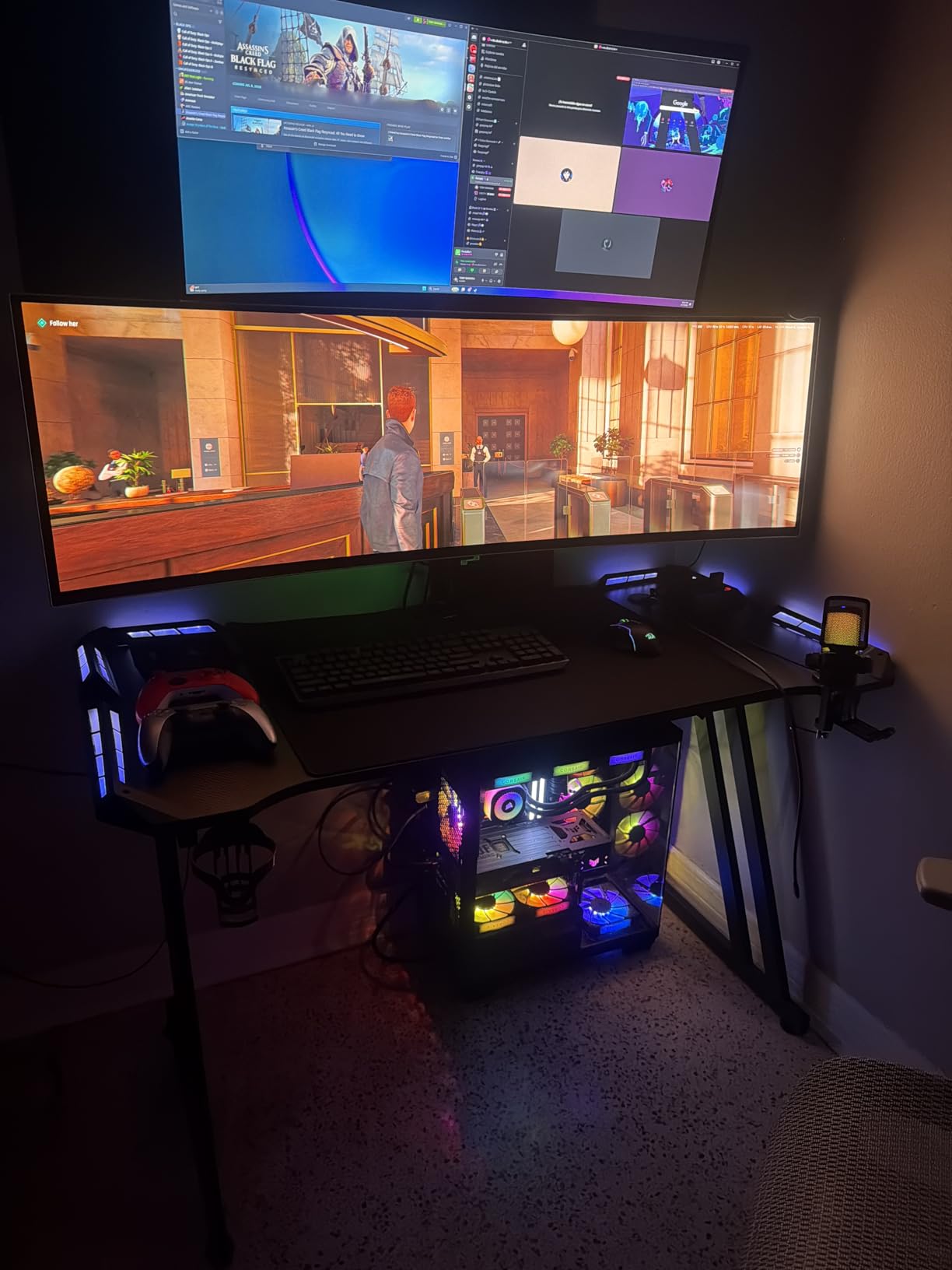 HLDIRECT 47 Inch Gaming Desk with LED Lights, Large RGB Computer Gaming Desk Table with Cup Holder Headphone Hook Mouse Pad, Ergonomic Modern Carbon Fiber Mesa Gamer Pc Work Home Office Desks, Black customer photo 2
