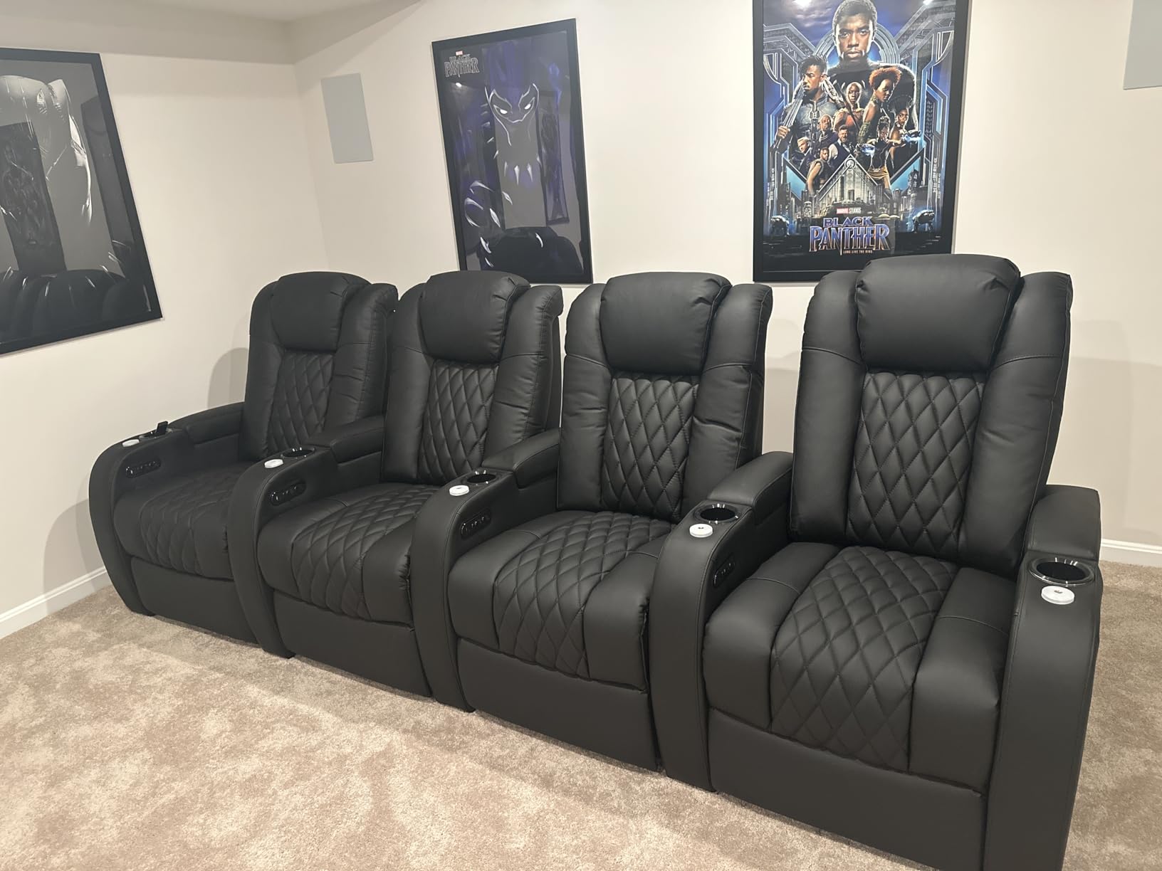 Weilianda Home Theater Seating, Top Grain Leather Movie Theater Chair | Black Row of 3, Zero Gravity, Power Headrest, Tray Table, Electric Reclining Seat for Media Room customer photo 2