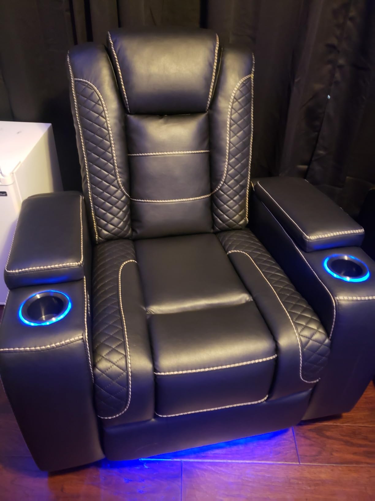 ANJ Power Recliner Chair with USB Port, Electric PU Leather Home Theater Seating for Living Room, Movie Reclining Chairs with Blue Ambient Lighting, Hidden Arm Storage, Cup Holders (Black) customer photo 1