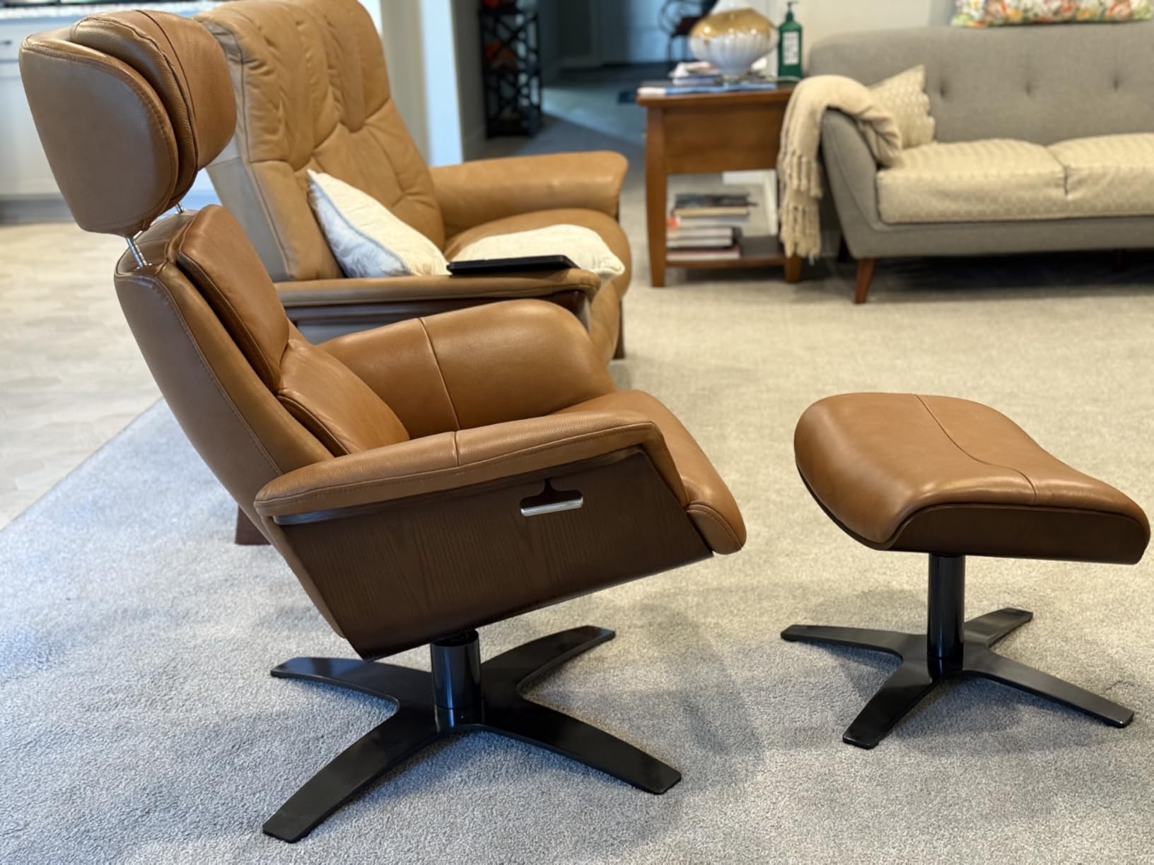 CHITA Genuine Leather Reclining Swivel Accent Chair with Ottoman, Black | Eames Swivel Chair with Adjustable Backrest and Headrest for Living Room & Office customer photo 1
