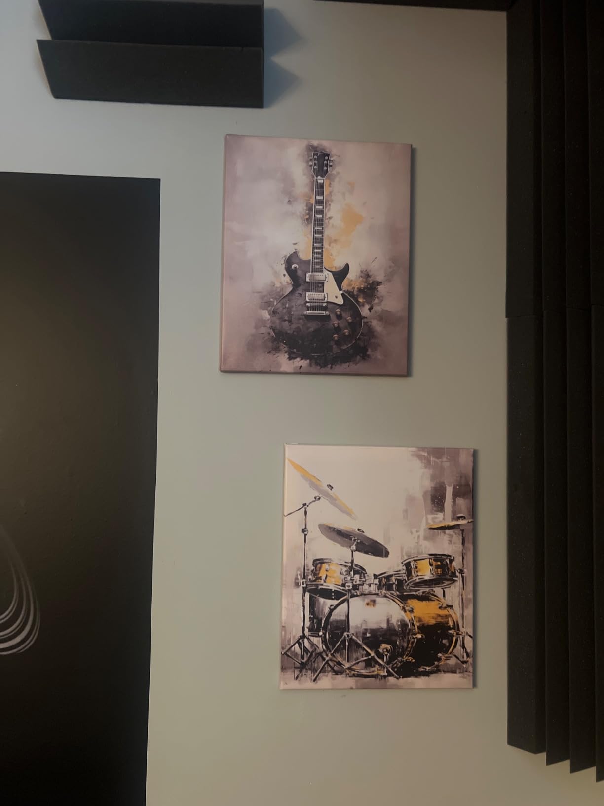QIXIANG Music Canvas Wall Art for Music Lover Gift 3 PCS Black and Gold Guitar Piano and Drum Set Picture Prints for Music Studio Home Decor Framed (11.00