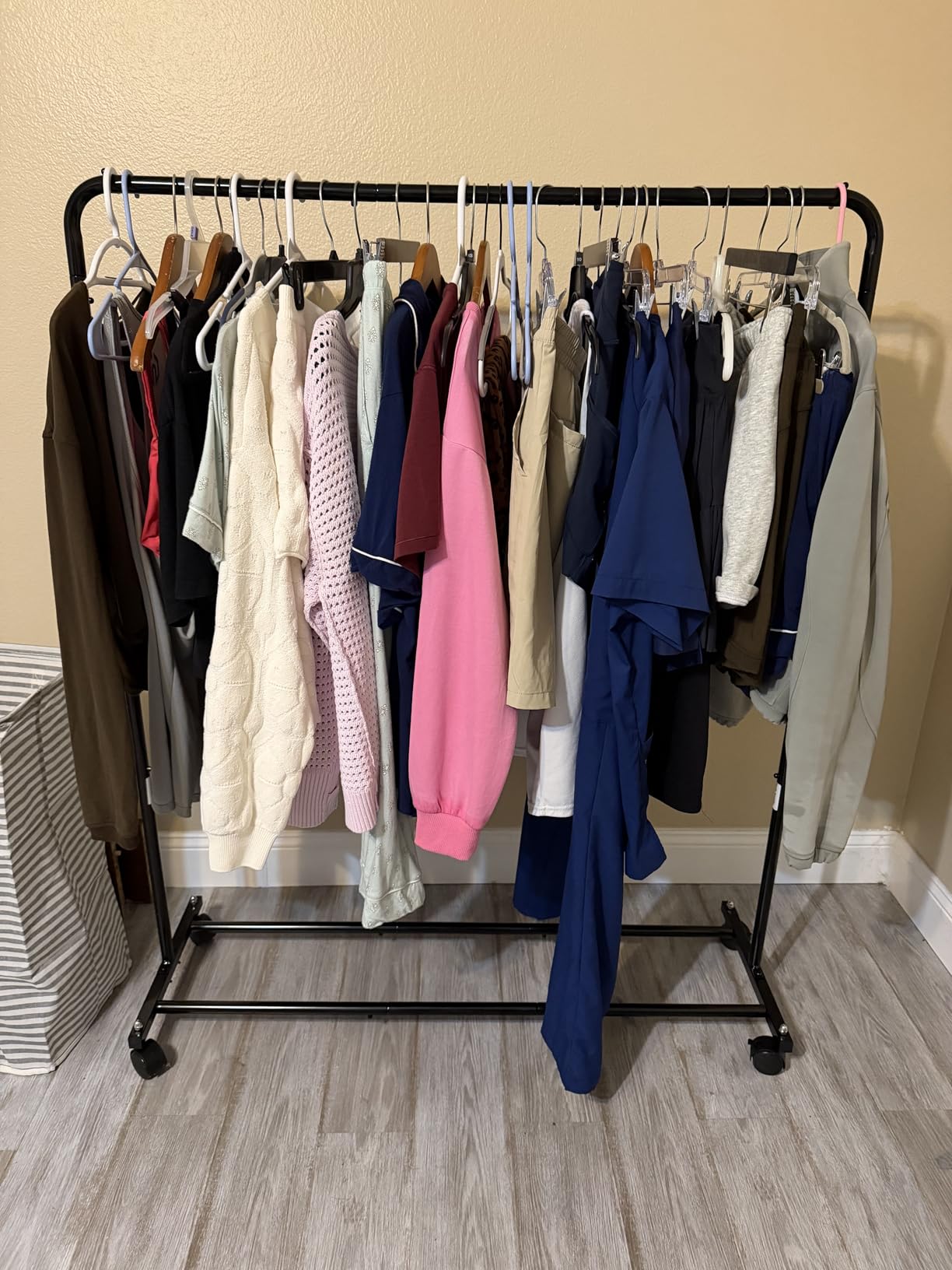 Simple Trending Clothing Rack, Portable Garment Rack, Clothes Rack, Black | Metal Frame, Bottom Shelf, 360° Lockable Wheels, Anti-Slip Stoppers, Bedroom, Laundry Room customer photo 2