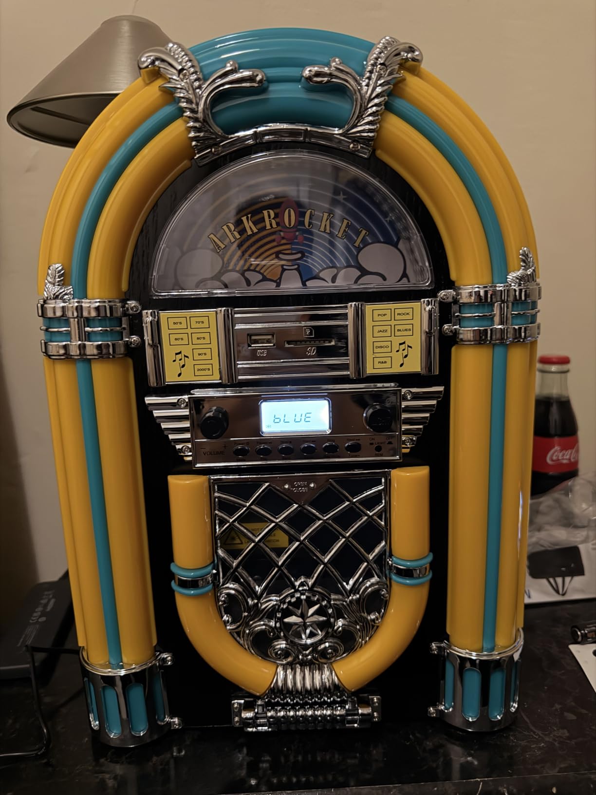 Athena Mini Jukebox/Tabletop CD Player/Bluetooth Speaker/Radio/USB and SD Card Player with Retro LED Lighting System (Black Golden) customer photo 2