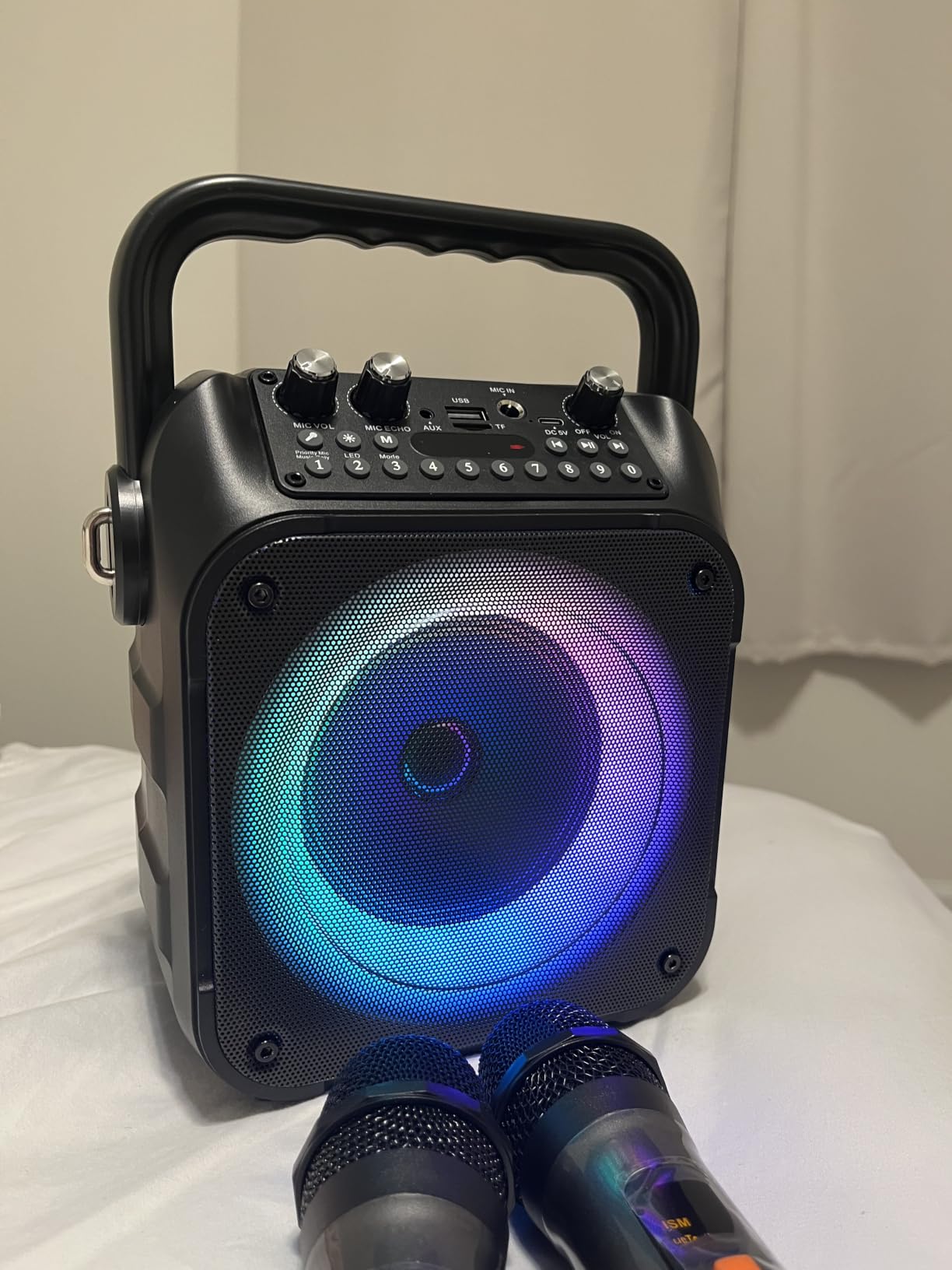 CYY Karaoke Machine, Portable Bluetooth Speaker with 2 Wireless Microphones | Immersive Sound, 5 Light Modes, PA System, TWS USB TF AUX FM, for Adults and Kids, Home Party, Outdoor customer photo 2