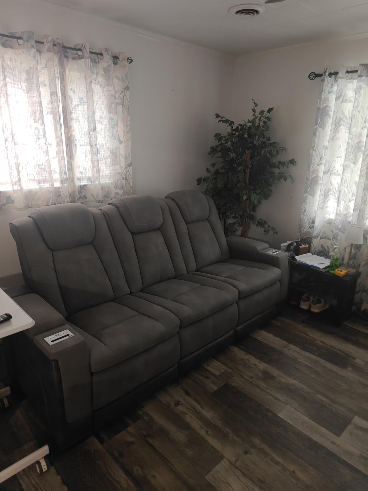 Signature Design by Ashley Power Reclining Sofa, Wall Hugger, Shadow | Wireless charging drop-down table, Ambient LED theater lighting, Durable faux leather, Fyne-Dyme Series customer photo 1