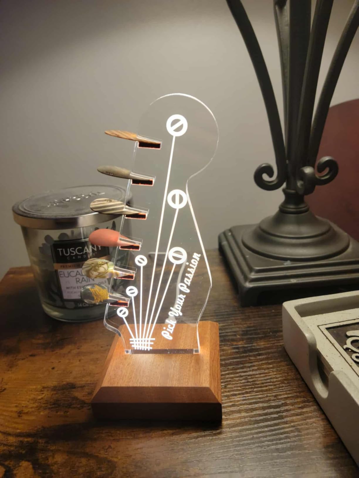 Light Up Guitar Pick Holder, Electric Guitar Headstock Shaped Acrylic & Wooden USB Powered Display Case - Guitar Accessories Gift for Players/Men (Picks Storage Organizer) customer photo 2