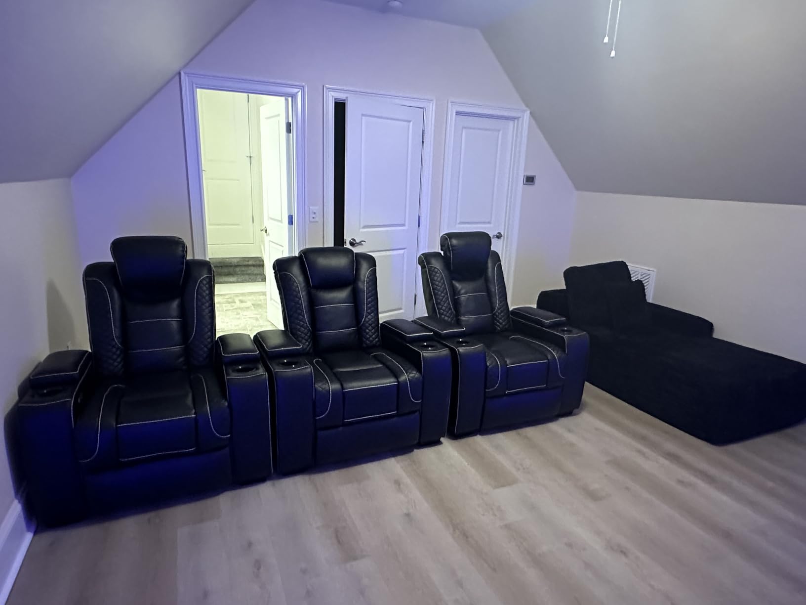 ANJ Power Home Theater Seating, PU Leather Electric Recliner Chair with Adjustable Headrest, Dual Motors Movie Reclining Chairs with LED Lights,USB Port, Cup Holders, Hidden Arm Storage (Blue & Black) customer photo 1