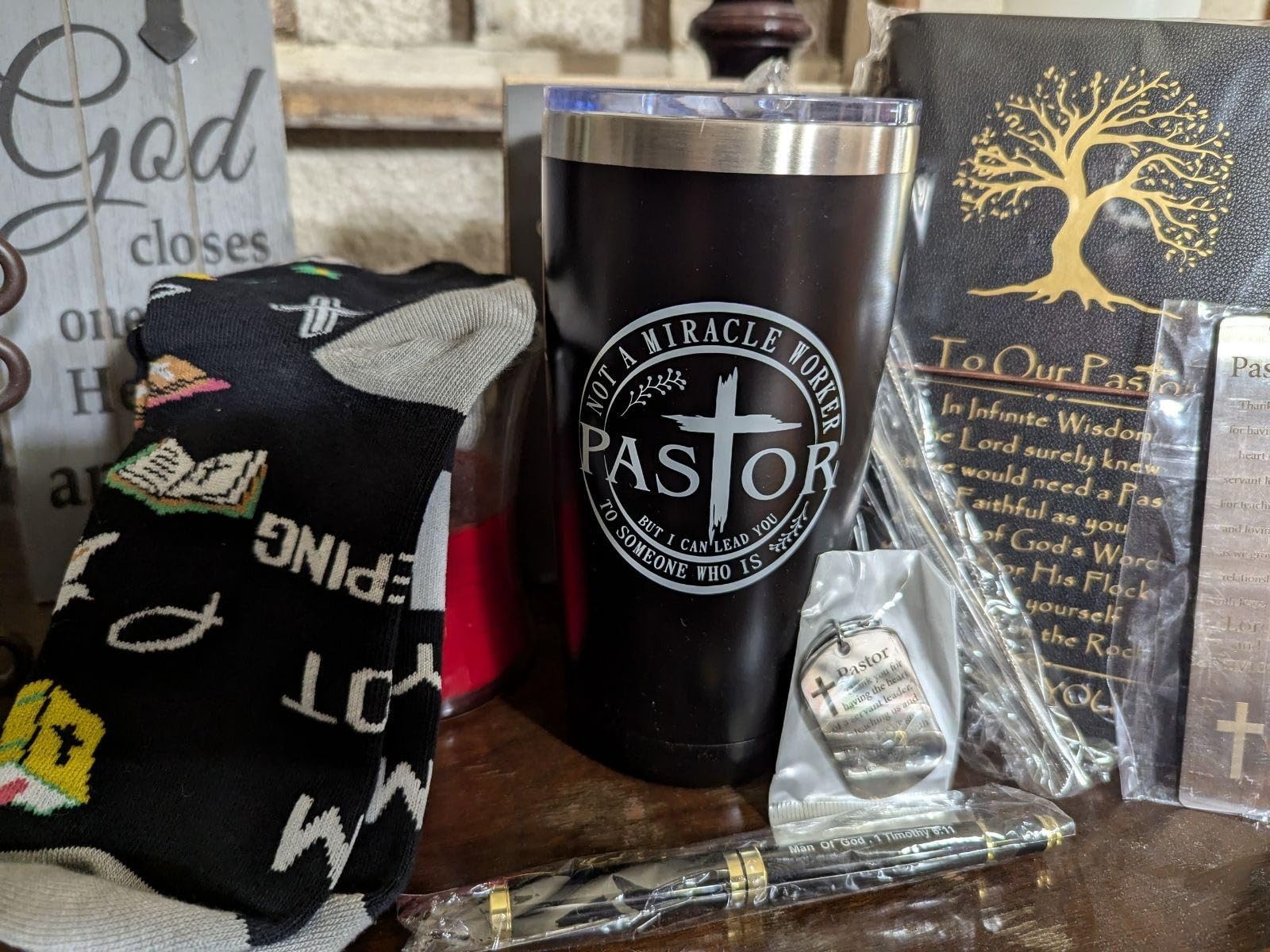 Bayelove Pastor Appreciation Gifts for Men Christian Pastor Gifts Unique Pastor Gifts for Pastors Including Leather Journal Pastor Tumbler Keychain Socks Pen Bookmarks Gift Card for Birthday Christmas customer photo 2
