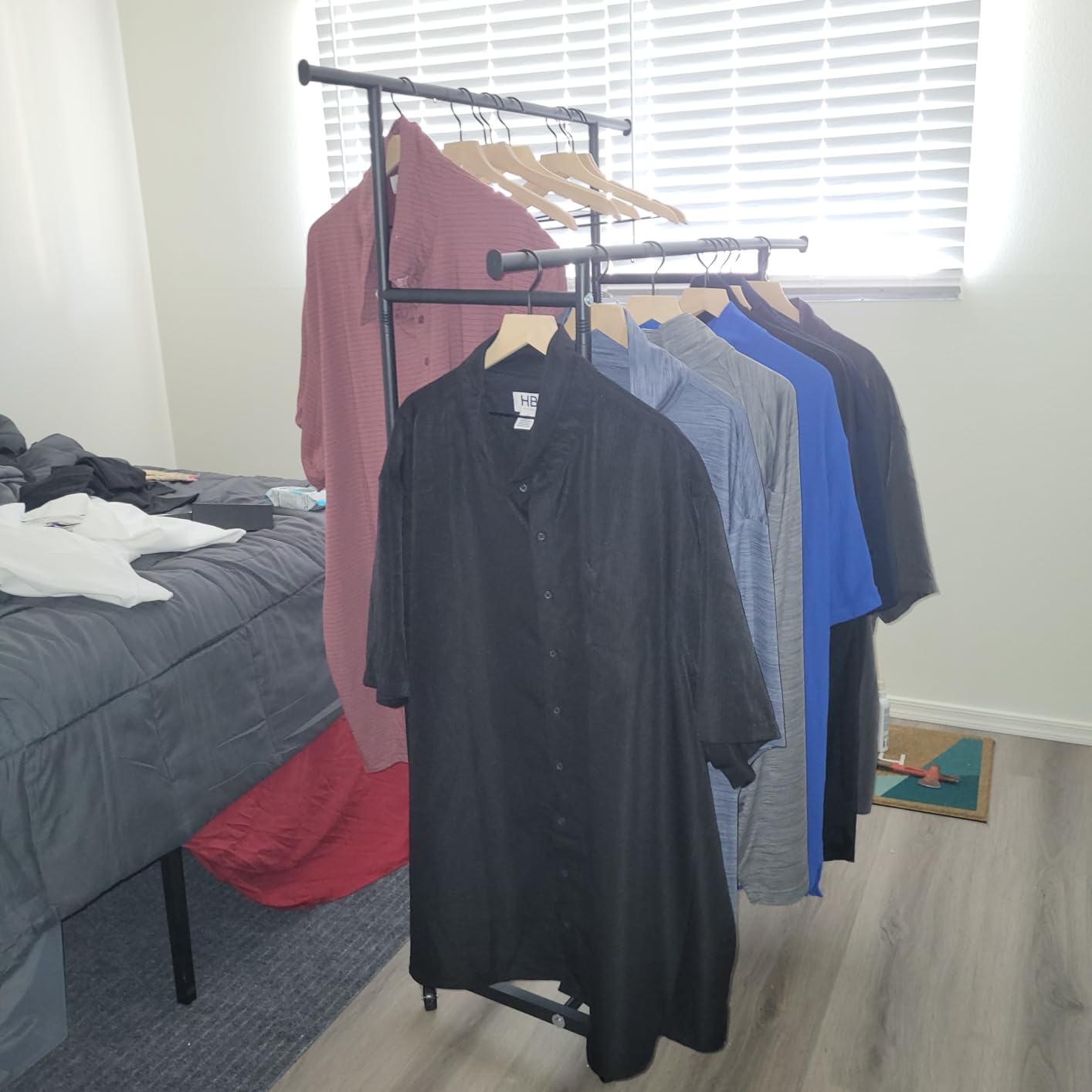 HYSEYY Double Rods Clothes Rack, Rolling Clothing Rack for Hanging Clothes Portable Wardrobe Rack, Metal Garment Rack Sturdy Coat Rack for Bedroom Laundry Living Room, Black customer photo 2