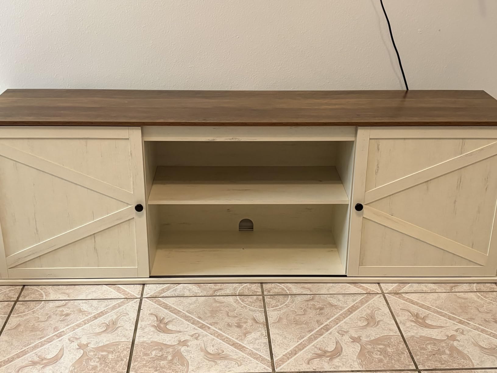 VASAGLE Farmhouse TV Stand for TVs up to 80 Inches, Entertainment Center with Storage Cabinets and Sliding Barn Doors, Media Console Table for Living Room, Rustic White and Honey Brown ULTV537W01 customer photo 1