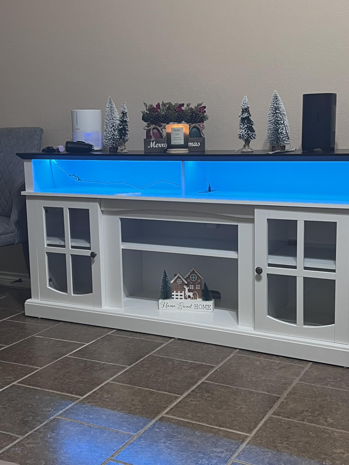 YITAHOME LED Farmhouse TV Stand for 75 Inch w/Outlets, Modern Entertainment Center with Glass Doors and Adjustable Storage Shelves, Media Console TV Cabinet for Living Room, Grey customer photo 1