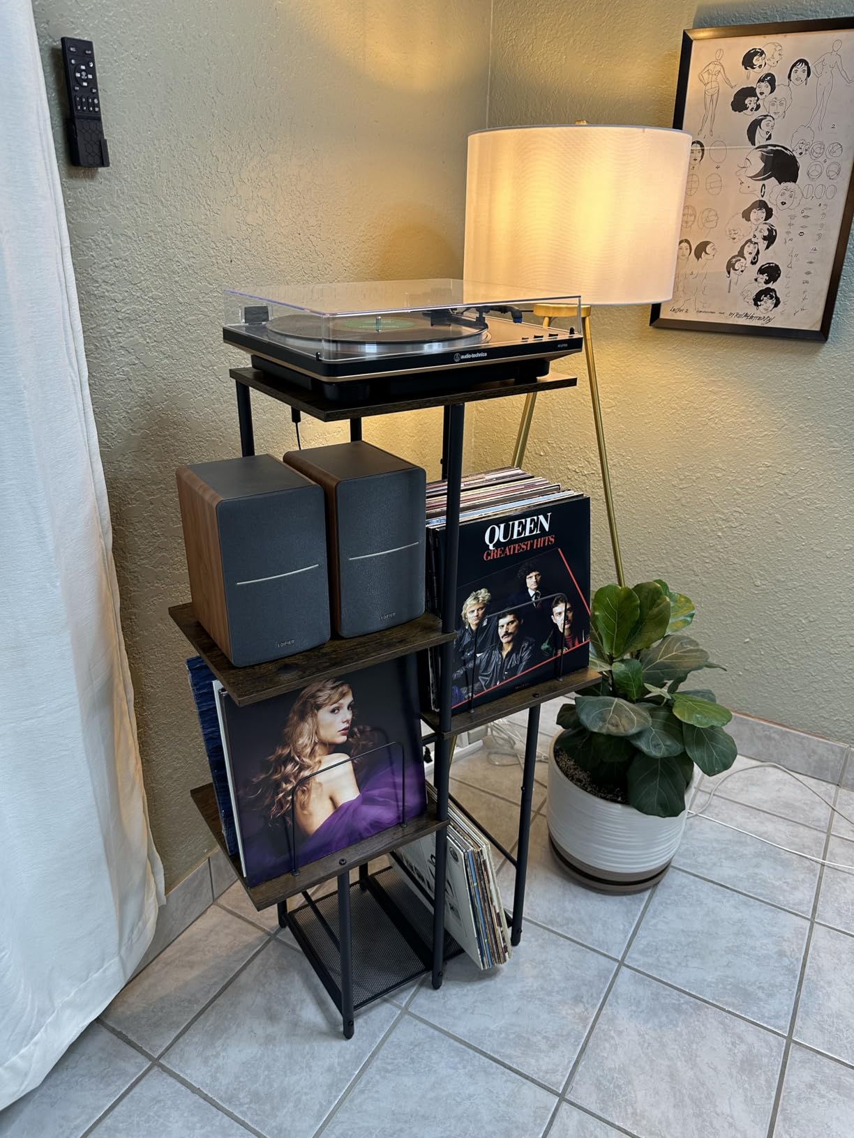 Record Player Stand, Vinyl Record Storage Holder with Display Shelf, Turntable Stand Table with Vinyl Organizer Dividers Album Rack, Vintage Style Record Cabinet Wood, Mid Century Modern Tall Console customer photo 1