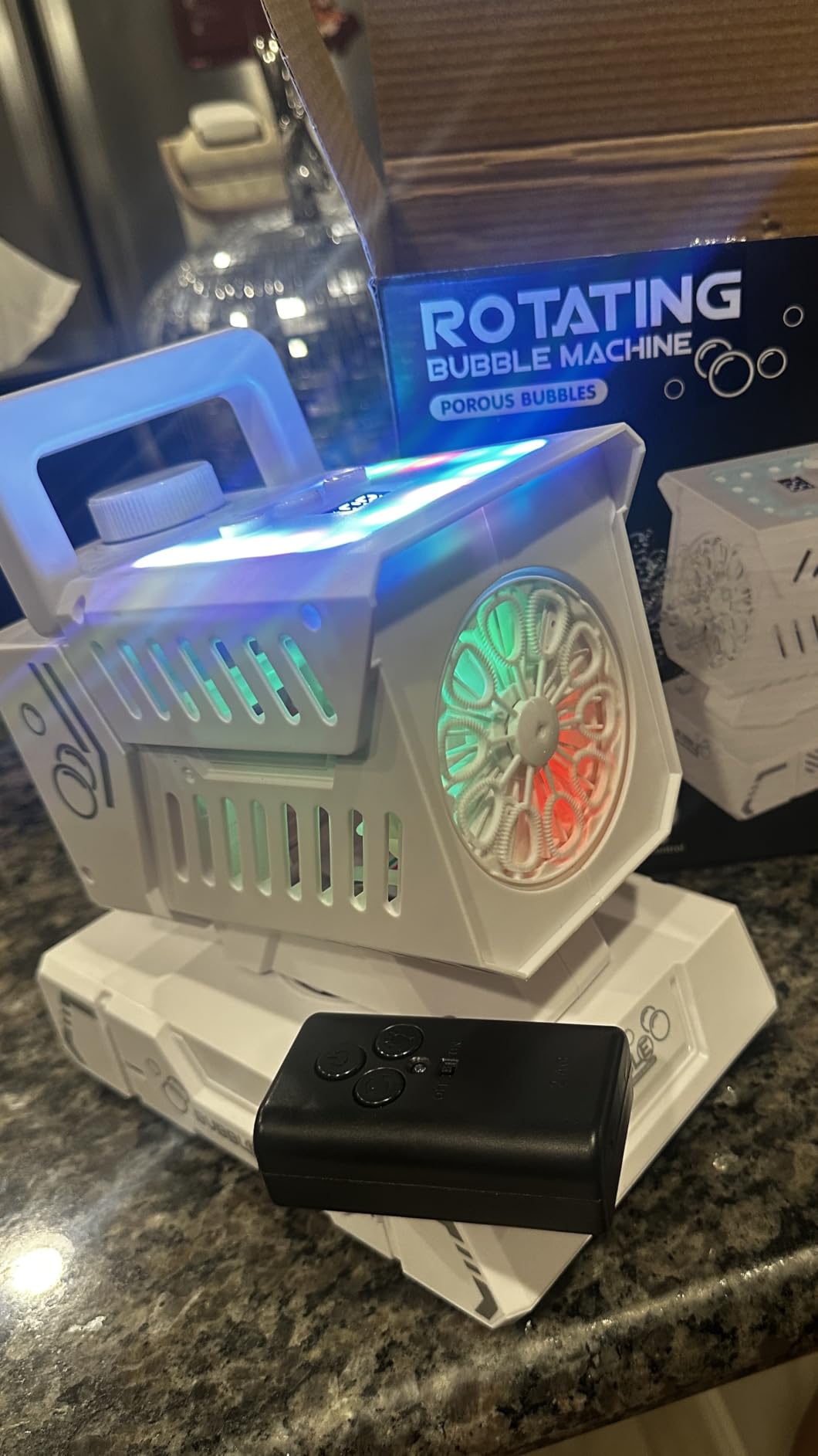Bubble Machine Remote Control,Auto Rotation & 11 RGB Lights | 1800mAh Rechargeable Battery/USB-C Charging,Top-Fill Portable Bubble Maker for Kids Birthday Party Wedding Pool Outdoor customer photo 2