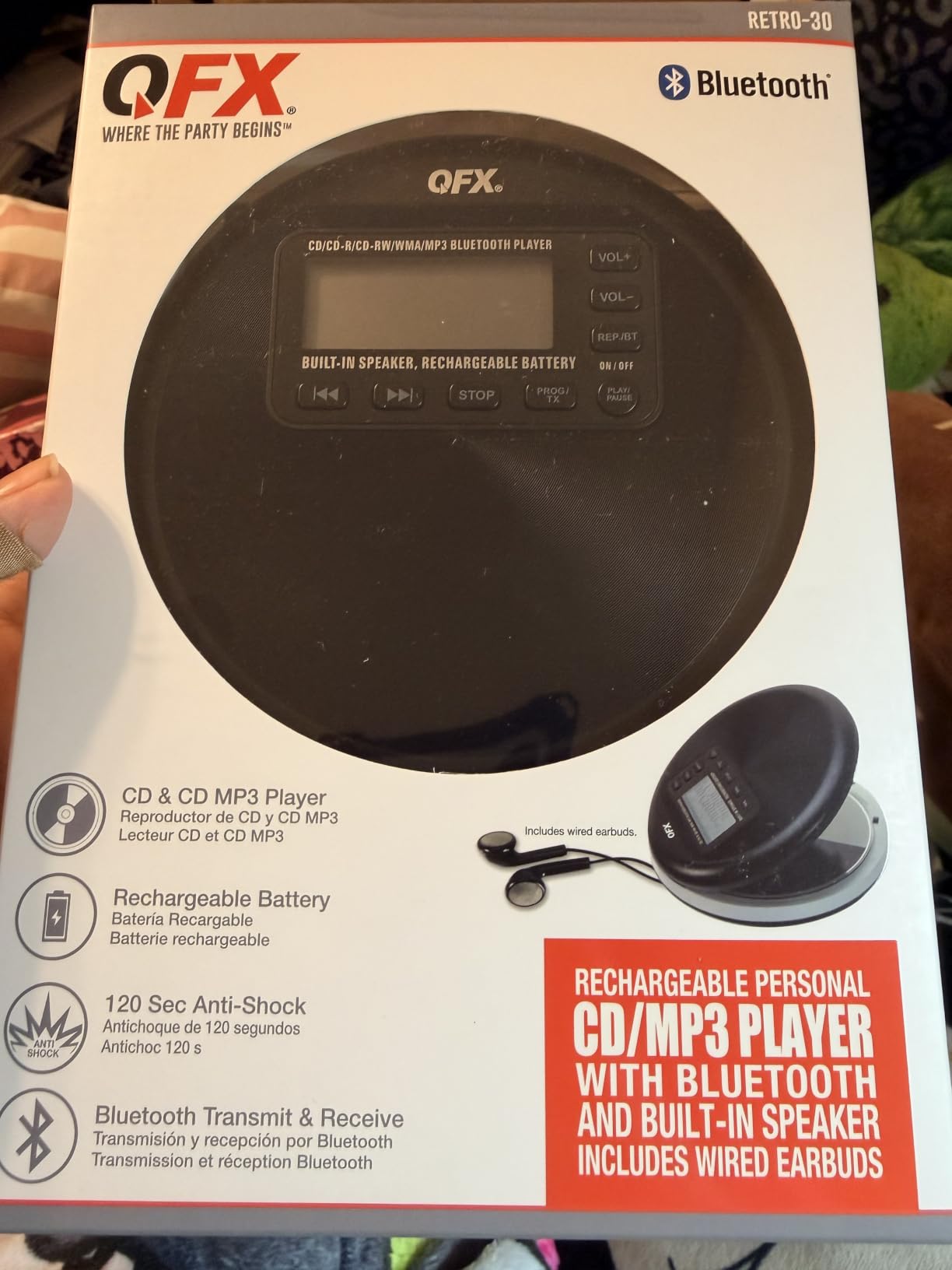 QFX Portable CD Player with Bluetooth and Built-in Speaker, RETRO-30 | 8-Hour Battery, Anti-Shock, Plays CD/CD-R/MP3-CD, Rechargeable Disc Player for Home and Travel, Earphones Included customer photo 2