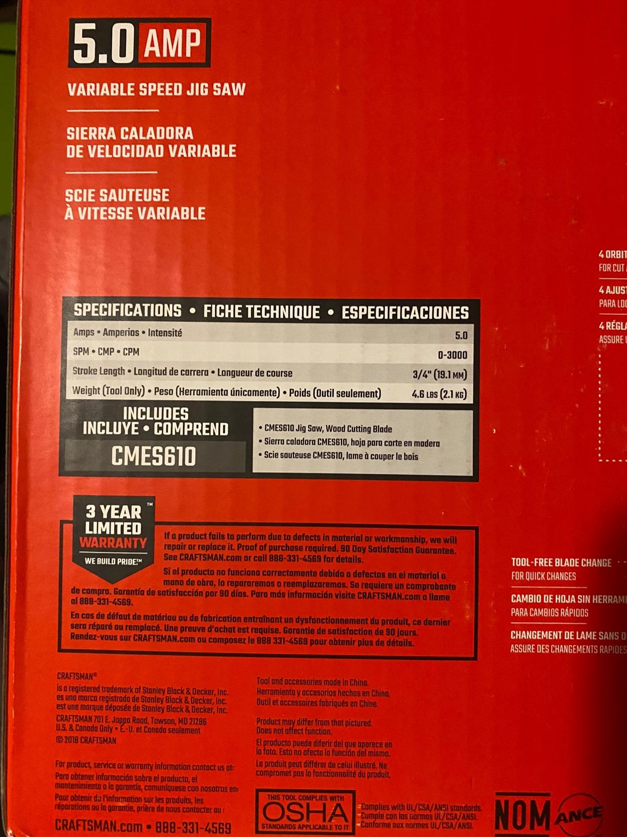 CRAFTSMAN Jig Saw, 4 Orbital Settings, Up to 3,000 SPM, 5 Amp, Corded (CMES610) customer photo 1