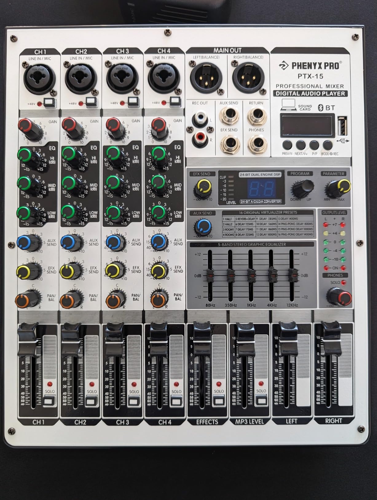 Professional Audio Mixer, Phenyx Pro Sound Console w/USB Audio Interface, 4-Channel Sound board DJ Mixer w/Stereo Equalizer, 16 DSP Effects, suitable for Stage, Live Gigs, and Karaoke (PTX-15) customer photo 2