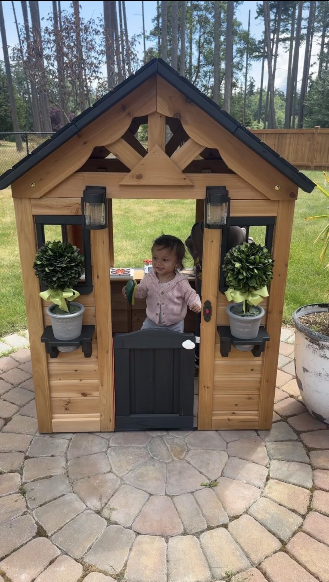 Backyard Discovery Sweetwater Cedar Wooden Kids Playhouse Cottage with Play Kitchen, Snack Bar, Half Door, Toy Phone, Windows, Flowerpot Holders, and Working Doorbell for Outdoor Imaginative Play customer photo 1