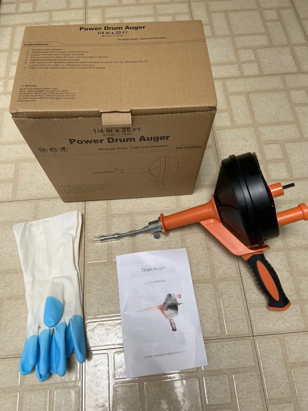 Drain Auger, Clog Remover with Drill Adapter, 25 Feet Flexible Plumbing Snake Use Manually or Powered for Kitchen, Bathroom and Shower Sink, Comes with Gloves (orange) customer photo 1