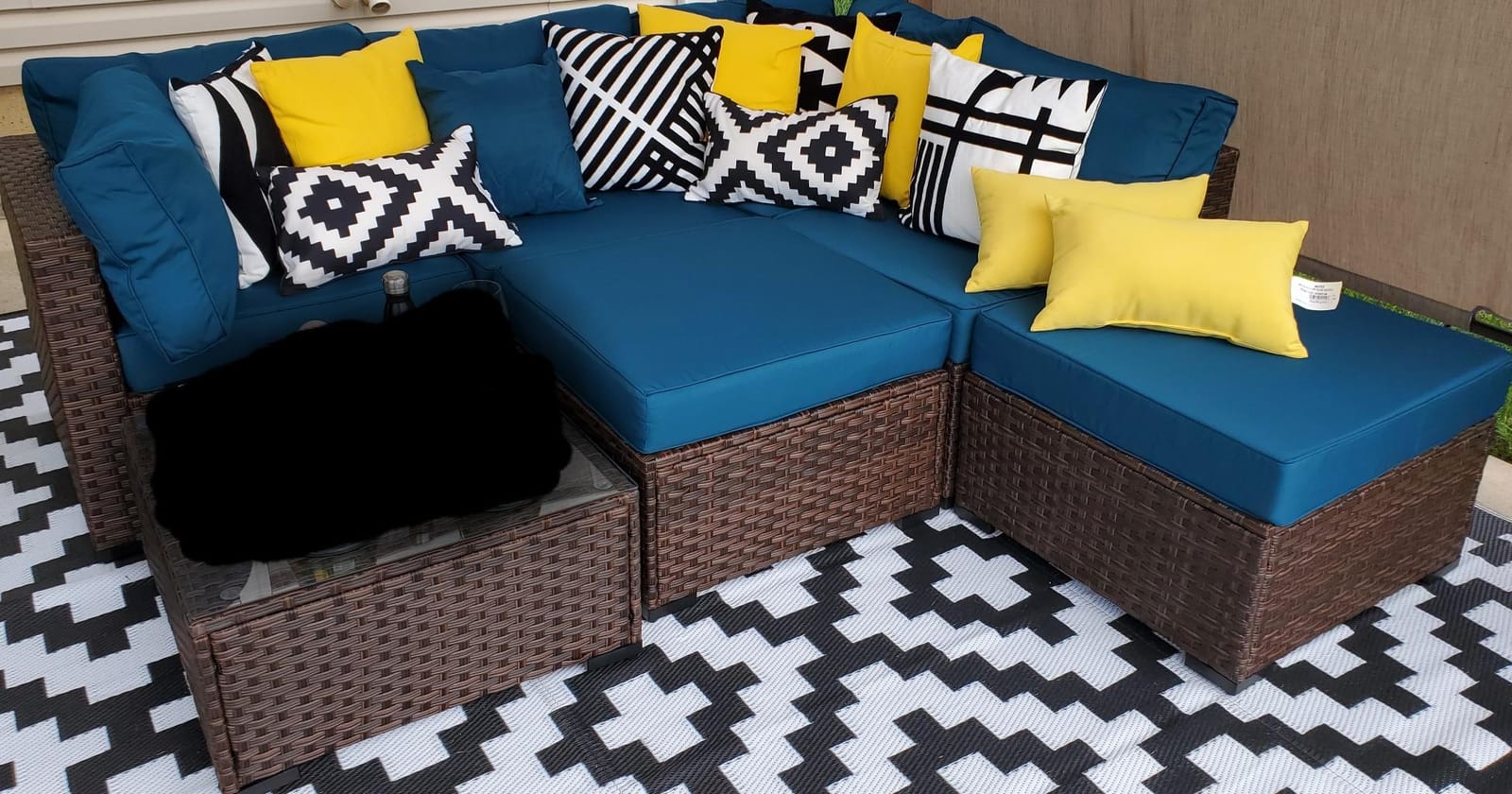 WAROOM Outdoor Patio Furniture Set 7 Pieces Wicker Sectional Sofa Brown Rattan Conversation Couch with Coffee Table, Anti-Slip Thick Nave Blue Cushion customer photo 2