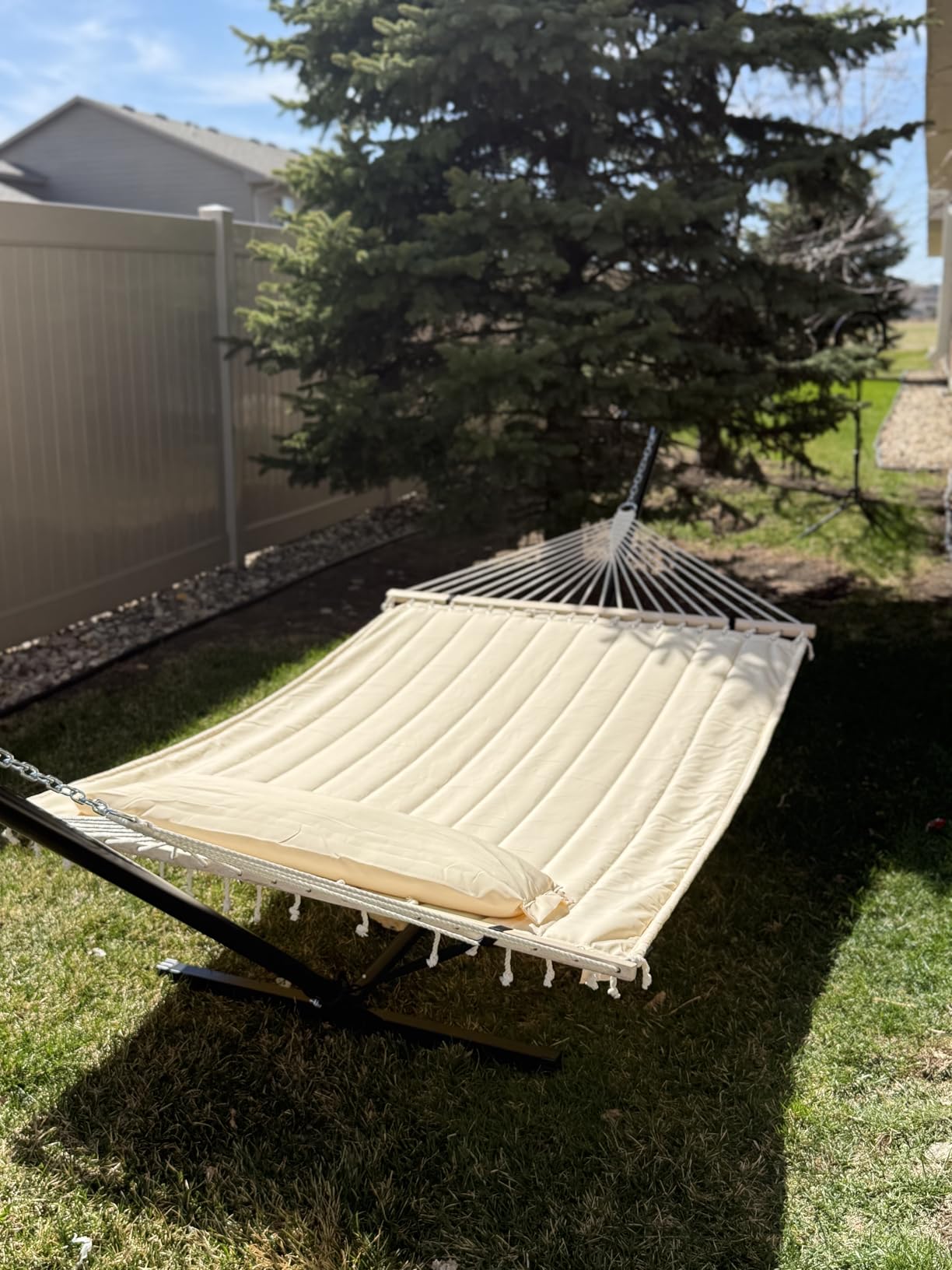 SUNCREAT Portable Double Hammock with Stand, 475 lbs Capacity, Green Stripe customer photo 2