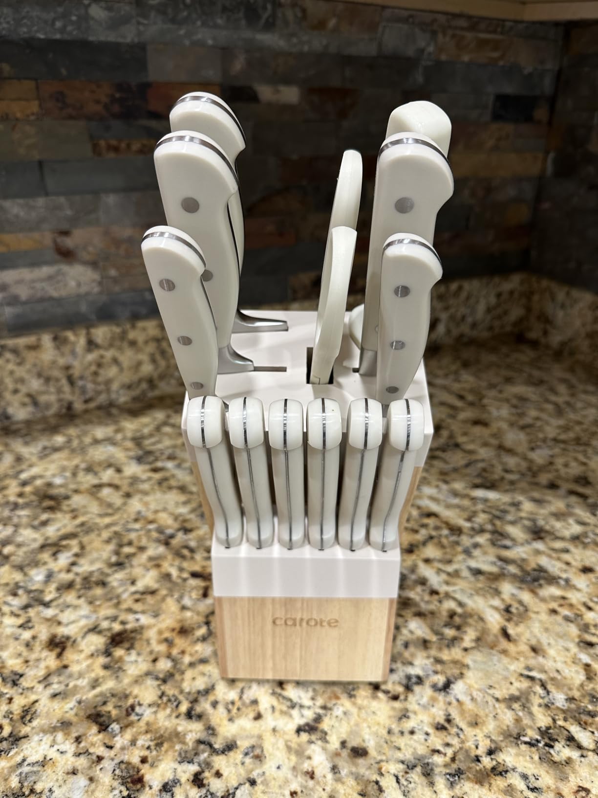 CAROTE 14-Piece Knife Set with Wood Block, Rust-Resistant, Cream customer photo 2