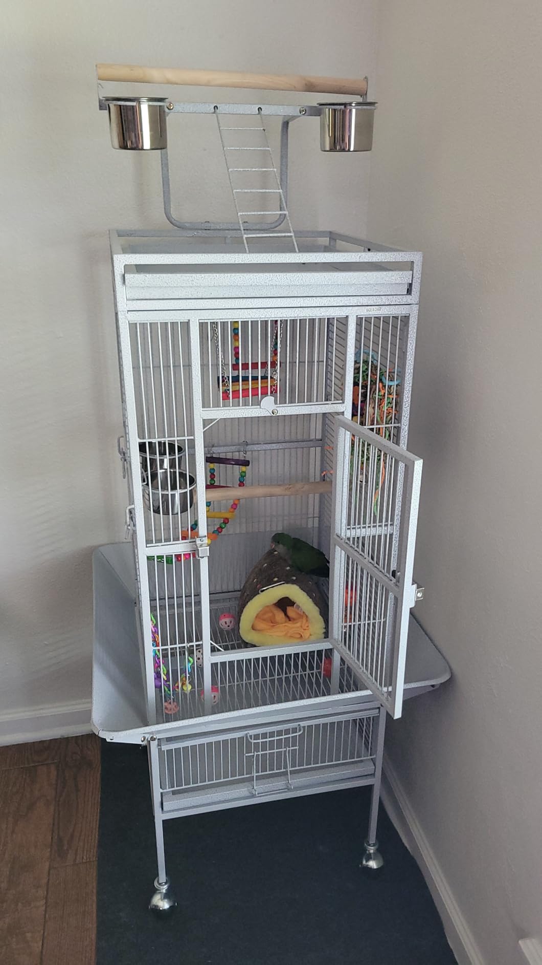 ZENY 61-inch Large Parrot Cockatiel Bird Cages with Wrought Iron Play Top, Aviary with Rolling Stand for Sun Parakeet Quaker Conure Lovebird Budgie Finch African Grey White Birdcage (White) customer photo 1