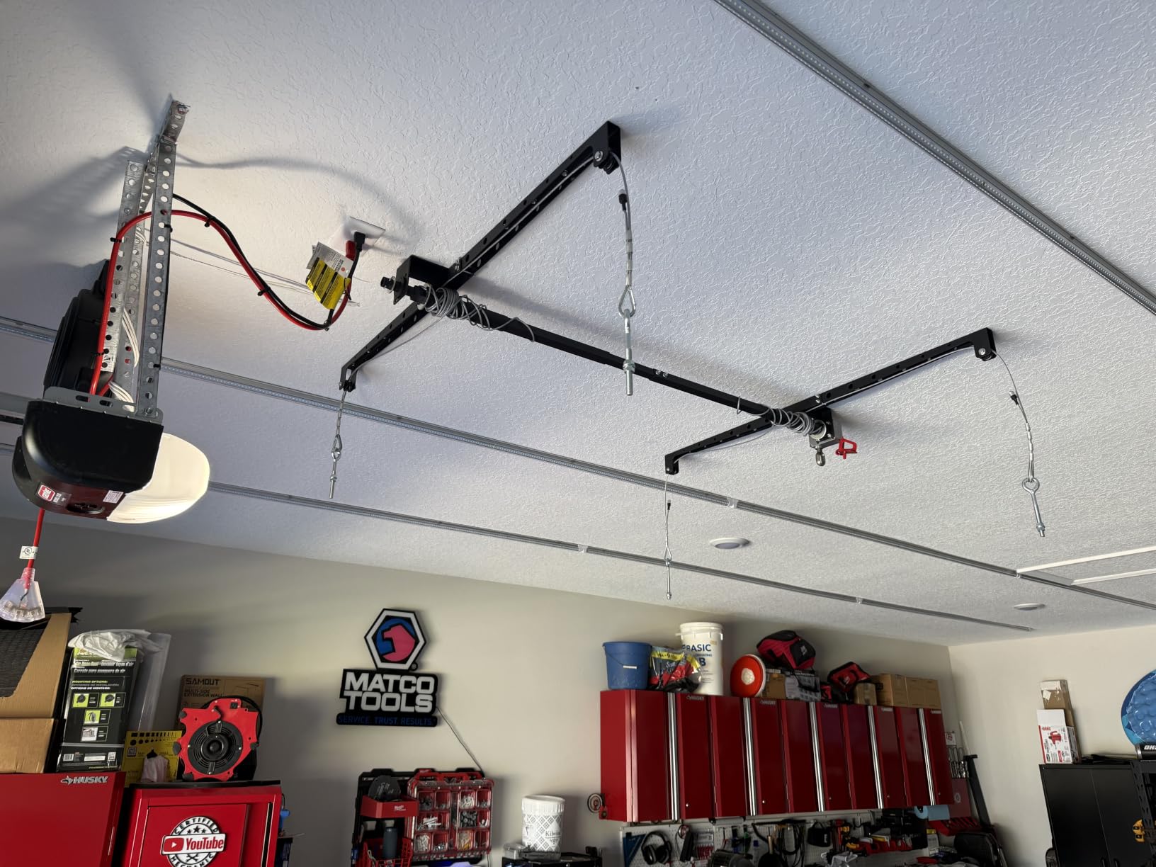 Overhead Garage Storage Rack for 10–12 FT Ceiling, Heavy-duty 4x4 FT Ceiling Storage Racks with Safety Lock, Ideal for Garage Storage Mounted Lift System and Storage Organizer, 250lbs Capacity customer photo 1