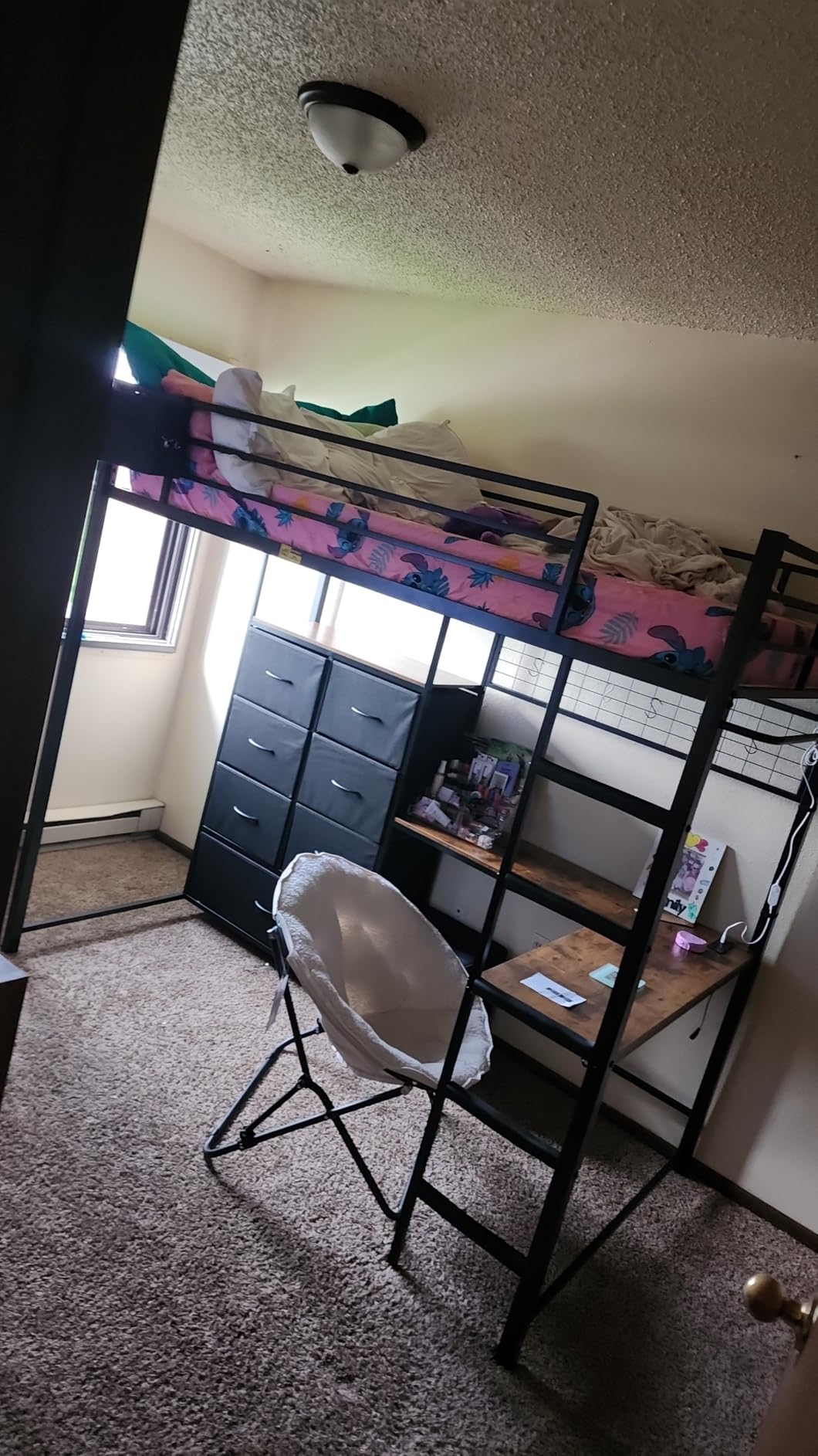 DICTAC Twin Size Loft Bed with L-Shaped Desk and 7 Storage Drawers,Metal Twin Loft Bed for Kids with LED Lights and Charging Station,13.11