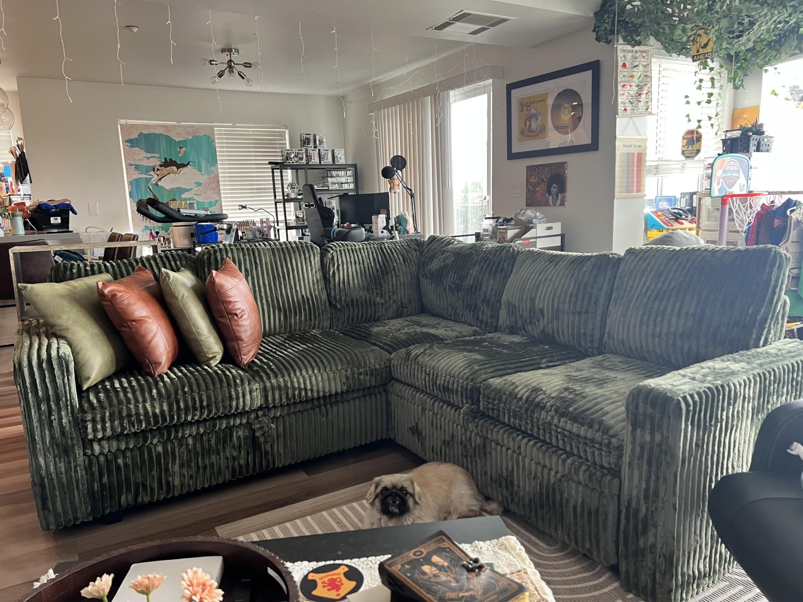 HONBAY Corduroy L Shaped Sectional Sleeper Sofa with Pull Out Bed,Green customer photo 1
