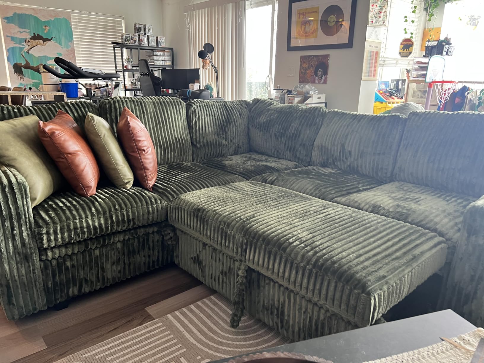 HONBAY Corduroy L Shaped Sectional Sleeper Sofa with Pull Out Bed,Green customer photo 2