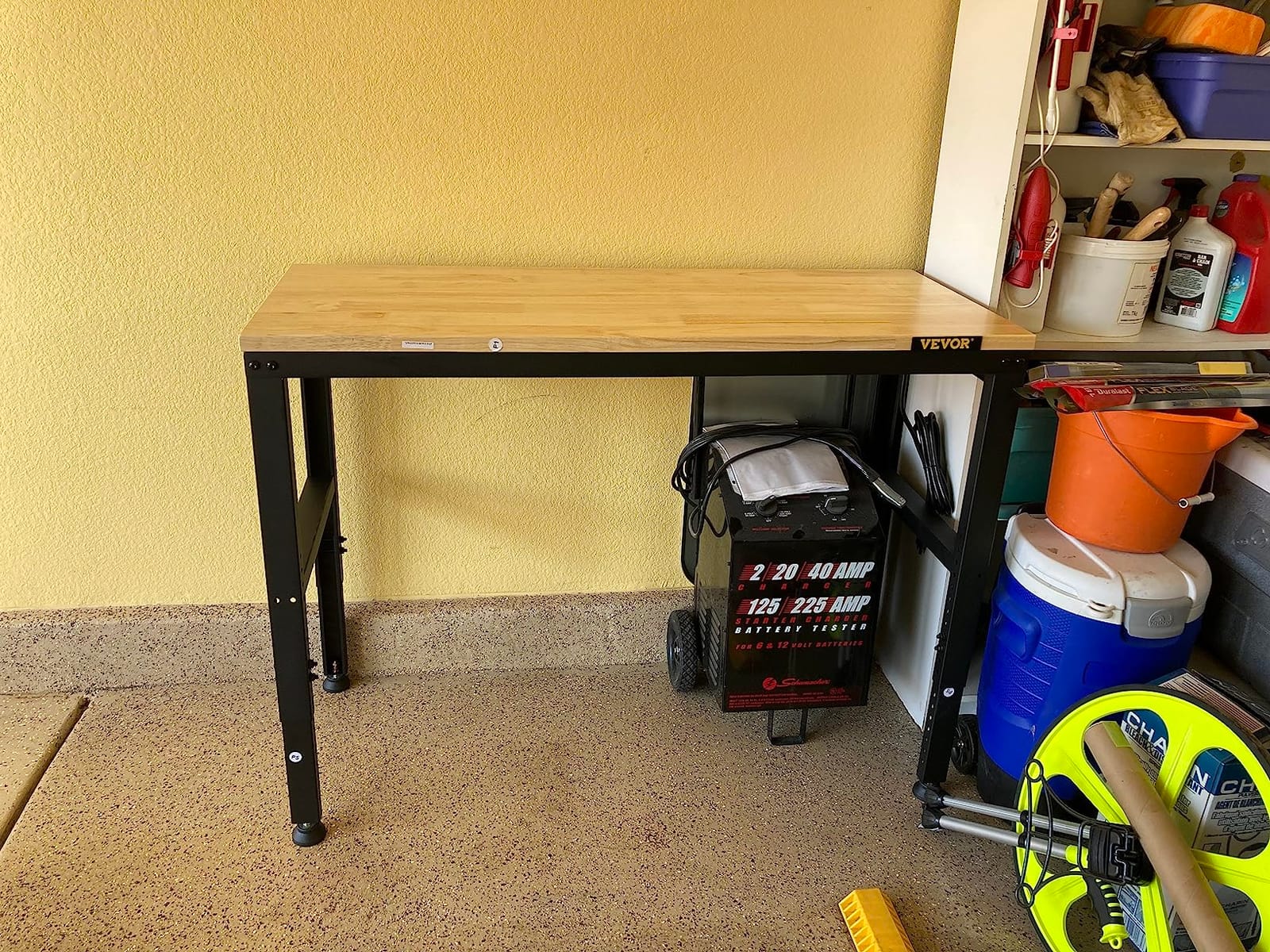 VEVOR Adjustable Workbench, 5000 lbs Capacity, 96 x 24 Inch Oak Wood Top Workstation with 4 AC Outlets & 2 USB Ports, Heavy-Duty Hardwood Worktable for Garage, Workshop, Home, Office, Commercial customer photo 2